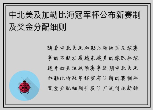 中北美及加勒比海冠军杯公布新赛制及奖金分配细则 中北美及加勒比海冠军杯公布新赛制及奖金分配细则