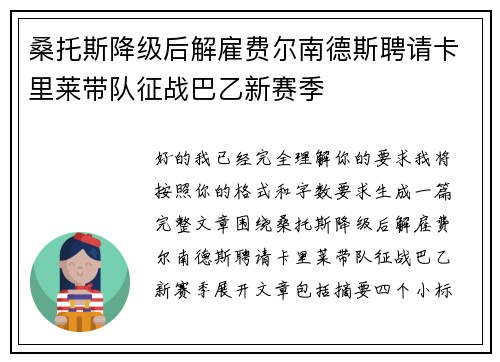 桑托斯降级后解雇费尔南德斯聘请卡里莱带队征战巴乙新赛季 桑托斯降级后解雇费尔南德斯聘请卡里莱带队征战巴乙新赛季